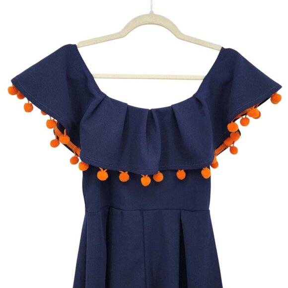 Game On Dresses Womens Small Romper Pleated Pom Pom Navy Blue Denver Broncos - Picture 2 of 6